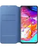 A dark blue book-style phone case is open, revealing a smartphone screen displaying the time and date. Produktbild-Vorschau