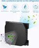 An advertisement for a refrigerator air purifier, showing icons and text describing its benefits, along with an image of the device emitting clean air and eliminating germs. Produktbild-Vorschau