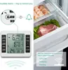 A digital thermometer inside a refrigerator, showing temperature readings and settings. The image also includes a close-up of the thermometer's display and a shot of food items within the refrigerator. Produktbild-Vorschau
