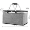 A gray foldable picnic basket with dimensions indicated by measurement lines and text. Produktbild-Vorschau