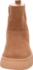A close-up, front-facing view of a brown suede boot with a white fuzzy lining. Voir les images du produit