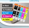 A collection of ink cartridges with labels indicating their color and model number, alongside text labels listing quantities of different colored ink cartridges. Produktbild-Vorschau