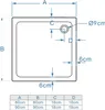 A diagram showing the dimensions of a shower tray, with a table of measurements. Produktbild-Vorschau