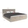 A beige upholstered bed with a headboard, two pillows, and a dark gray blanket, shown with dimensions indicated by text overlays. Produktbild-Vorschau