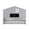 A gray crib with a house-shaped headboard and a chalkboard panel. Náhled obrázku produktu