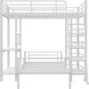 A white metal bunk bed with a desk and shelves, shown against a white background. Produktbild-Vorschau