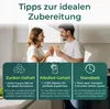 A couple toasting with drinks in a kitchen, with three informational panels below. Produktbild-Vorschau