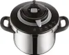 A top-down view of a stainless steel pressure cooker with a black lid and handles. Voir les images du produit