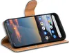 A smartphone in a brown flip case, displayed at an angle. Náhled obrázku produktu