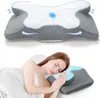 A woman sleeping on a pillow, with a diagram of the pillow above. Produktbild-Vorschau