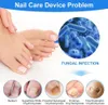 A marketing image showing a person's feet and toes, with a magnified view of fungal infection and illustrations of different types of nail fungus. Voir les images du produit