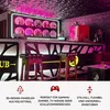 A bar area with illuminated shelves and stools, with marketing text and icons below. Produktbild-Vorschau