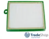 A white HEPA filter with a green frame is shown against a white background. A logo and text are present in the bottom right corner. Produktbild-Vorschau