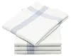 A stack of white kitchen towels with blue stripes. Produktbild-Vorschau