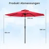 A red patio umbrella is shown with dimensions indicated by lines and text. Produktbild-Vorschau