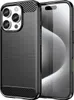 A black carbon fiber phone case for an iPhone 16 Pro is shown diagonally against a light gray background. Podgląd zdjęcia produktu