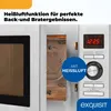 Close-up of a microwave oven with its door open, showing the interior and control panel. Text overlays highlight features. Produktbild-Vorschau