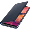 A dark blue book-style phone case is shown open, revealing the screen of a Samsung Galaxy A20e. Produktbild-Vorschau