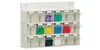 A white wall-mounted organizer with 18 clear compartments, each containing colored material. Produktbild-Vorschau