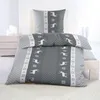 A neatly made bed with grey bedding featuring a reindeer and snowflake pattern. Produktbild-Vorschau