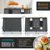 A toaster with dimensions and features listed, alongside a plate of food. Produktbild-Vorschau