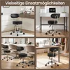 A collage of four images showing a black stool with a backrest and wheels in different settings: a vanity area, a desk, a salon, and a sewing area. Produktbild-Vorschau