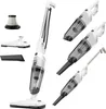 A collage of a white and gray stick vacuum cleaner and its accessories, shown from various angles and in different configurations. Voir les images du produit