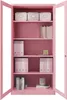 A pink metal cabinet with glass doors, filled with office supplies and binders. Produktbild-Vorschau