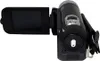 A black digital camera with its screen open, shown against a white background. Produktbild-Vorschau