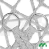 A close-up view of two metal rings attached to a woven rope net, likely part of a hanging chair or hammock. Náhled obrázku produktu