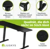 Collage showcasing features of a black adjustable desk, including rounded corners, a stable frame, and a solid tabletop. Náhled obrázku produktu