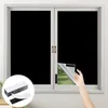 A hand is shown peeling back a black window film from a window, revealing a green outdoor scene. A stack of adhesive strips is in the foreground. Produktbild-Vorschau