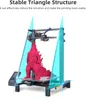 A 3D printer is shown printing a large red Godzilla figurine. Blue triangular overlays highlight the stable structure of the printer. Náhled obrázku produktu