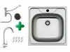 A collection of kitchen sink components and a sink basin are laid out on a white background. Produktbild-Vorschau