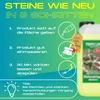 An instruction graphic showing how to use a stone cleaner product, with product bottle on the side. Produktbild-Vorschau