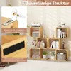 A wooden S-shaped bookshelf filled with books and decorative items, with close-up insets showing safety features. Podgląd zdjęcia produktu
