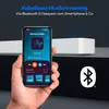 A hand holding a smartphone displaying a radio app, with a white soundbar in the background and a Bluetooth logo. Produktbild-Vorschau