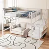 A white metal loft bed with a sofa underneath, set up in a room with a rug and decorative pillows. Náhled obrázku produktu