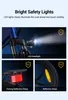 Collage of images showing the bright safety lights of an e-bike, including the headlight, rear reflector, and wheel reflector. Produktbild-Vorschau
