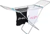 A silver aluminum drying rack with two t-shirts hanging on it. Produktbild-Vorschau