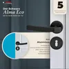 A marketing image showcasing a black door handle set with text and graphics highlighting its features and warranty. Produktbild-Vorschau