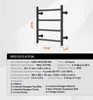 A diagram of a black towel warmer with dimensions and specifications listed below. Voir les images du produit
