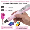 A hand holding a pink 3D pen, with examples of 3D printed objects and informational text. Produktbild-Vorschau