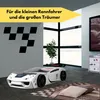A child's bedroom with a race car-themed bed, a dresser, and wall decorations. Produktbild-Vorschau