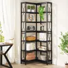A corner bookshelf filled with decorative items and books, placed in a room with a window and curtains. Náhled obrázku produktu