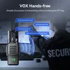 A security guard is using a walkie-talkie, with text overlays indicating VOX hands-free functionality. Produktbild-Vorschau