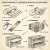 Diagram showing the production steps for a flamed wooden crate with shelves. Náhled obrázku produktu