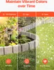 A collage of three images showing garden edging in different weather conditions: sun, rain, and snow, with text overlays highlighting its durability. Voir les images du produit