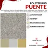 A close-up of a textured fabric sample with accompanying feature icons and descriptive text. Produktbild-Vorschau