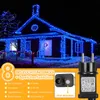 A house decorated with blue string lights at night, with a close-up of the power adapter and a diagram of the control button. Náhled obrázku produktu
